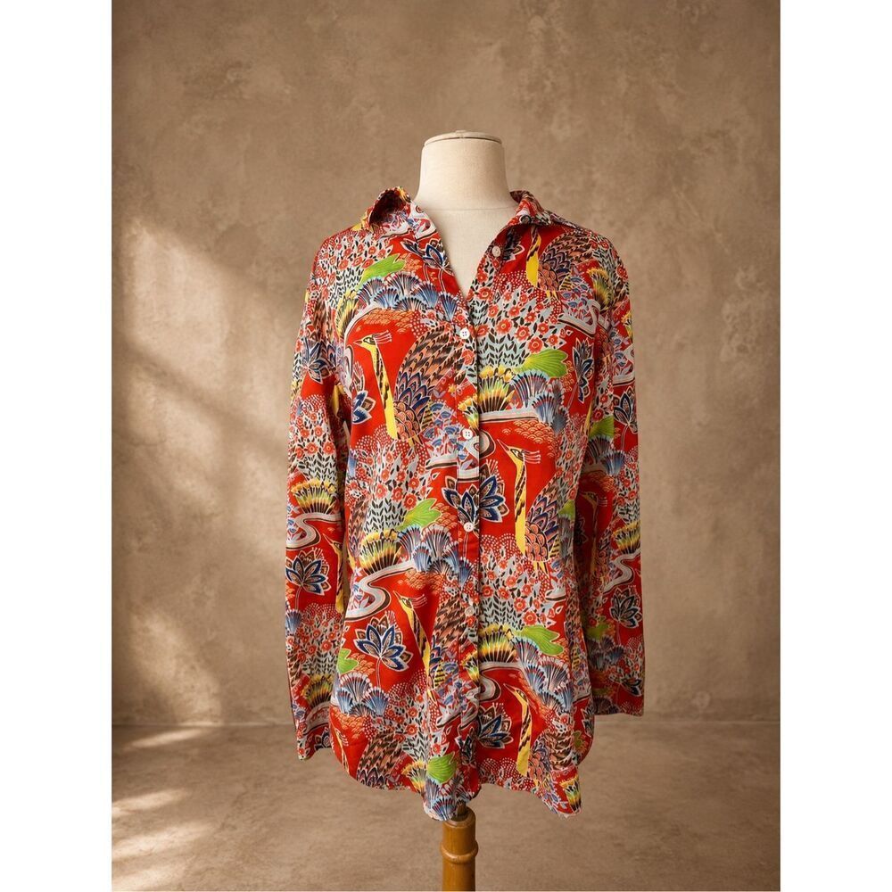 J. McLaughlin Sz M Lois Shirt Peacock Patterned Button Up